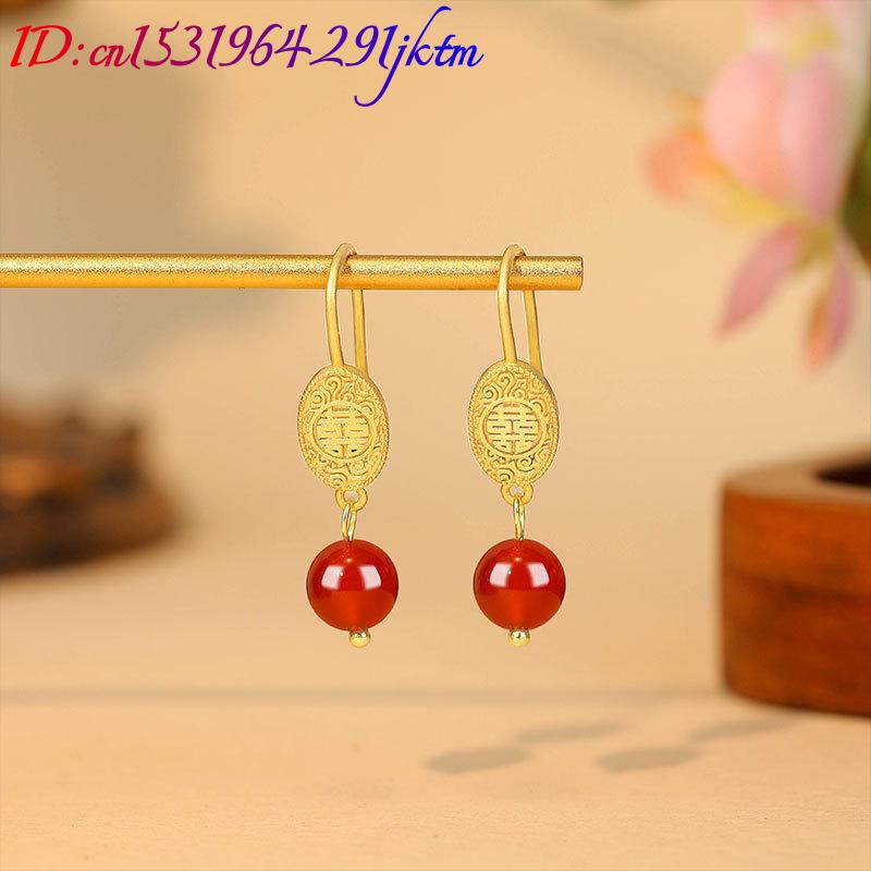 Natural Red Jade Bead Earrings - Gold Plated Jewelry ulasan dan harga