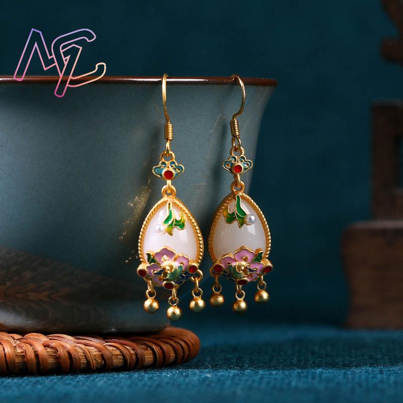 Natural Jade Flower Earrings C - Gold Plated Jewelry ulasan dan harga